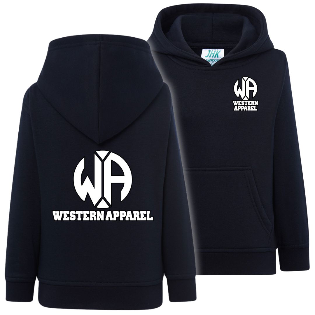 Sweat enfant bleu navy à capuche Western Apparel, vue de face et de dos avec logo blanc sur le cœur et grand logo dans le dos.