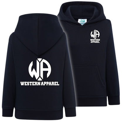 Sweat enfant bleu navy à capuche Western Apparel, vue de face et de dos avec logo blanc sur le cœur et grand logo dans le dos.