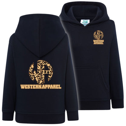 Sweat enfant bleu navy à capuche Western Apparel, vue de face et de dos avec logo léopard sur le cœur et dans le dos.