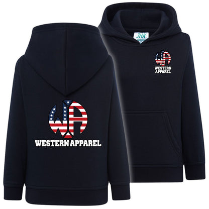 Sweat enfant bleu navy à capuche Western Apparel, vue de face et de dos avec logo USA sur le cœur et dans le dos.