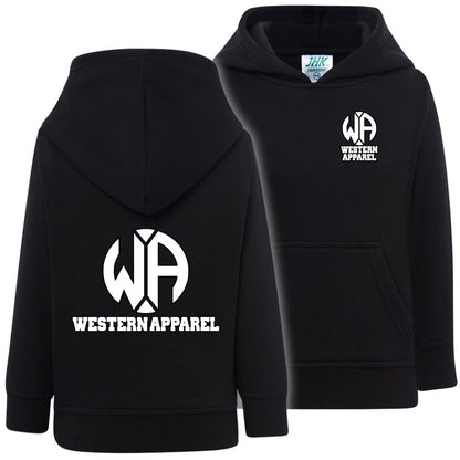 Sweat enfant noir à capuche Western Apparel, vue de face et de dos avec logo blanc sur le cœur et grand logo dans le dos.