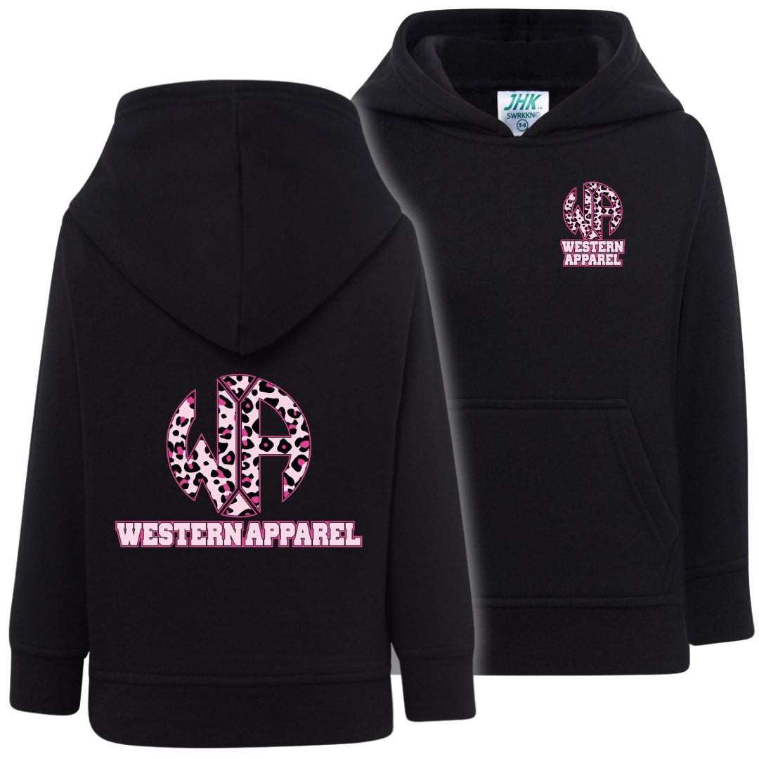 Sweat enfant noir à capuche Western Apparel, vue de face et de dos avec logo léopard rose sur le cœur et dans le dos.
