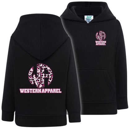 Sweat enfant noir à capuche Western Apparel, vue de face et de dos avec logo léopard rose sur le cœur et dans le dos.