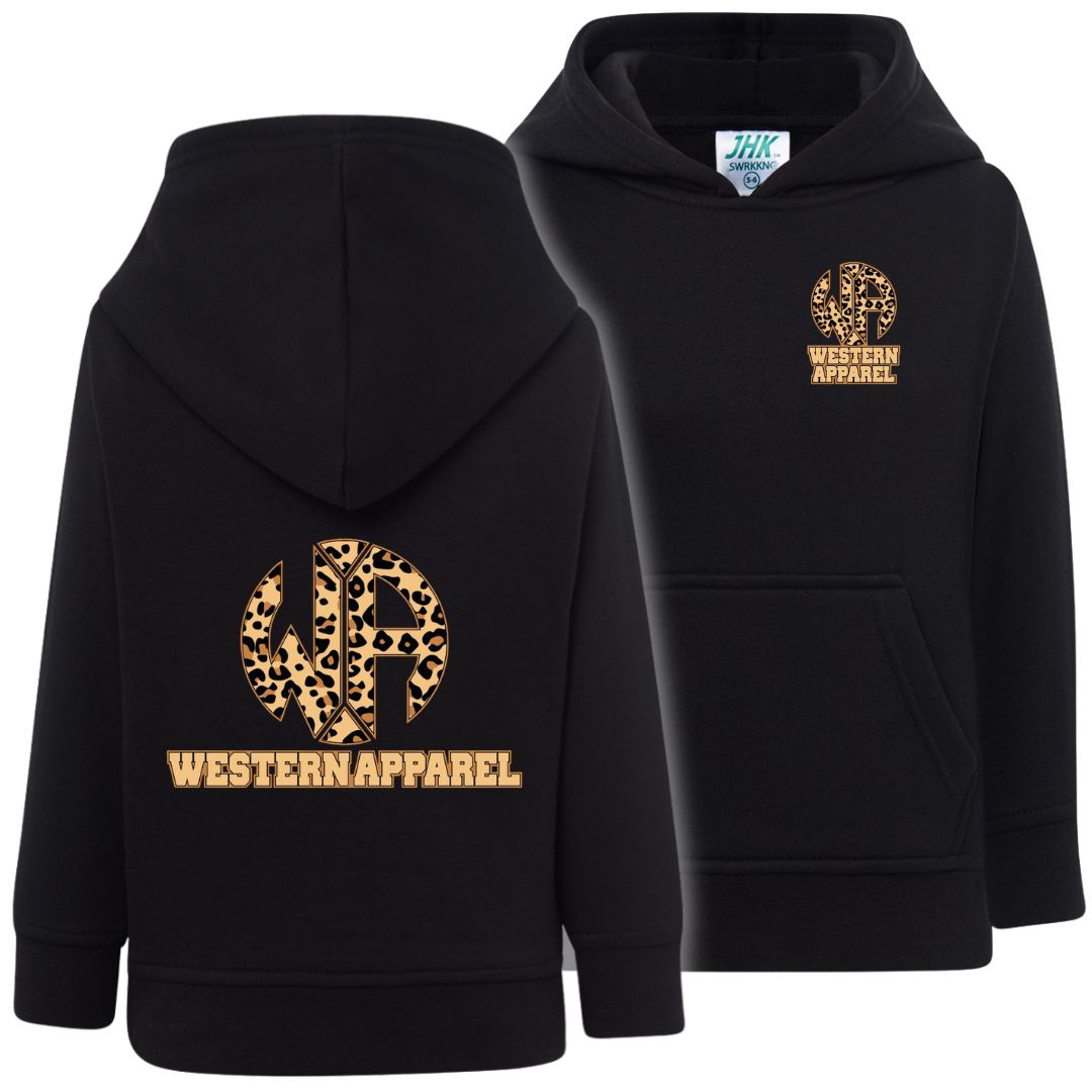 Sweat enfant noir à capuche Western Apparel, vue de face et de dos avec logo léopard sur le cœur et dans le dos.