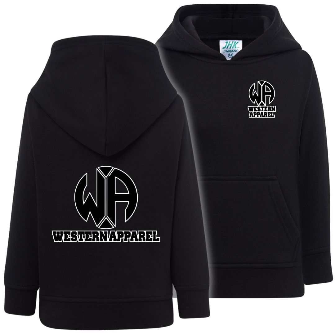 Sweat enfant noir à capuche Western Apparel, vue de face et de dos avec logo noir et blanc sur le cœur et dans le dos.