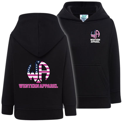 Sweat enfant noir à capuche Western Apparel, vue de face et de dos avec logo USA rose sur le cœur et dans le dos.