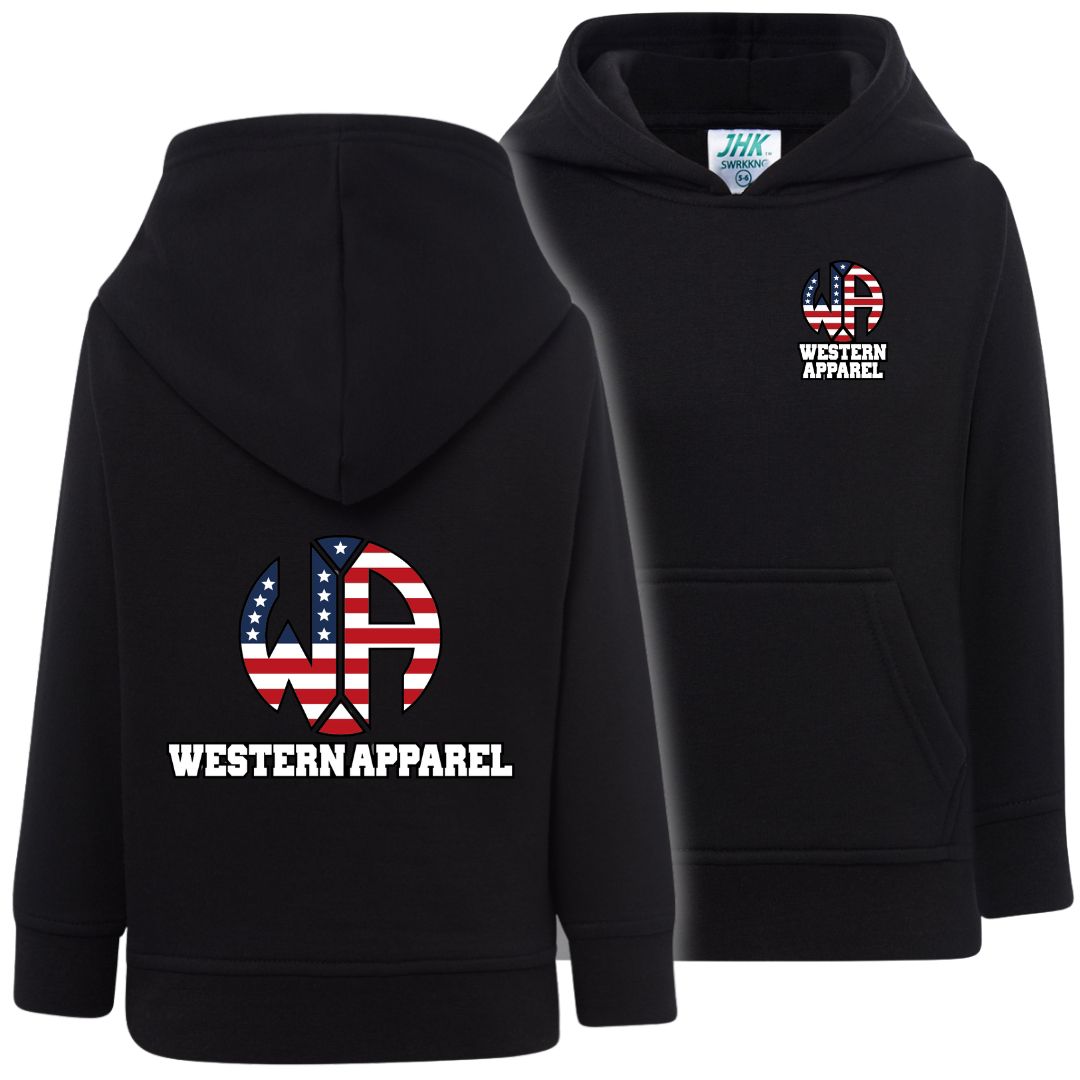 Sweat enfant noir à capuche Western Apparel, vue de face et de dos avec logo motif USA sur le cœur et dans le dos.