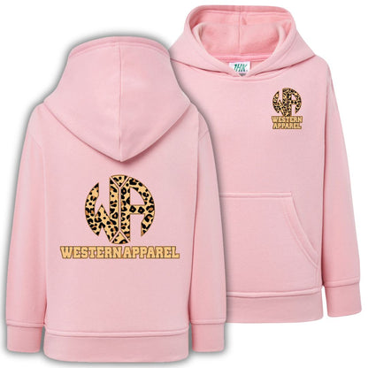 Sweat enfant rose à capuche Western Apparel, vue de face et de dos avec logo motif léopard sur le cœur et dans le dos.