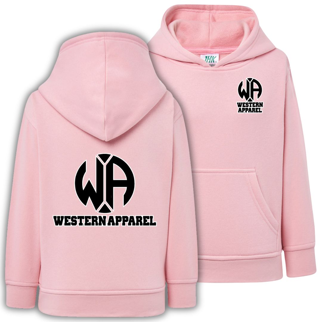 Sweat enfant rose à capuche Western Apparel, vue de face et de dos avec logo noir et blanc sur le cœur et dans le dos.