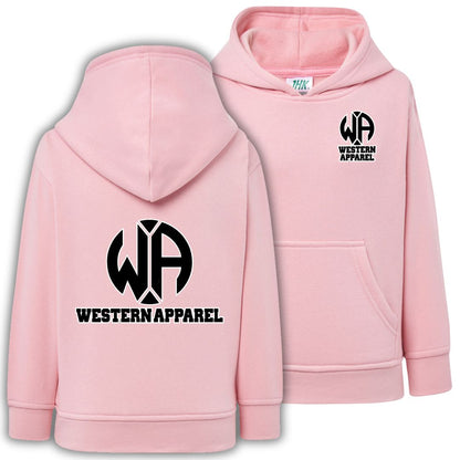 Sweat enfant rose à capuche Western Apparel, vue de face et de dos avec logo noir et blanc sur le cœur et dans le dos.