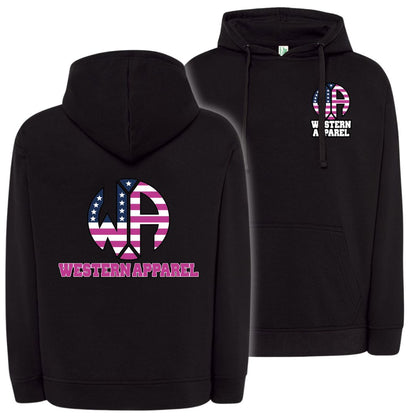Sweat à capuche Western Apparel noir avec logo poitrine sur le cœur et grand logo Western Apparel USA rose dans le dos