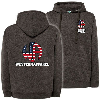 Sweat à capuche Western Apparel heather grey avec logo poitrine sur le cœur et grand logo Western Apparel USA dans le dos