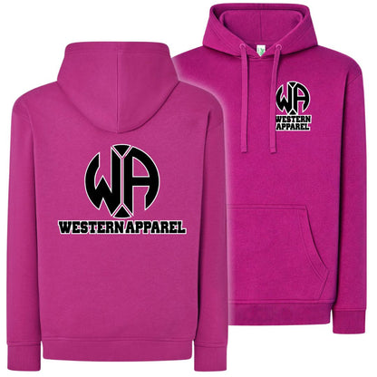 Sweat à capuche Western Apparel fuchsia avec logo poitrine sur le cœur et grand logo Western Apparel noir et blanc dans le dos