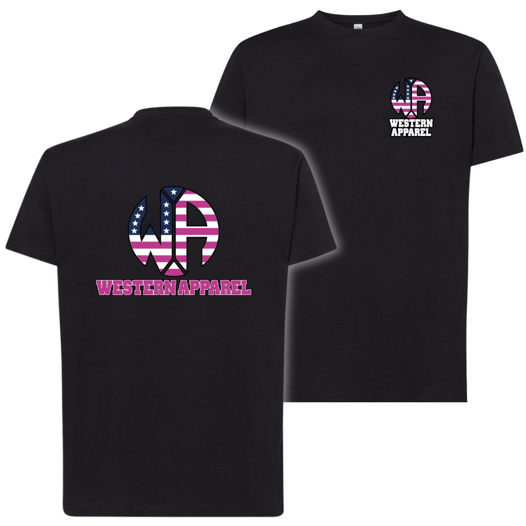 T-Shirt enfant noir Western Apparel avec logo poitrine côté cœur et grand logo USA rose Western Apparel dans le dos