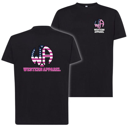 T-Shirt enfant noir Western Apparel avec logo poitrine côté cœur et grand logo USA rose Western Apparel dans le dos