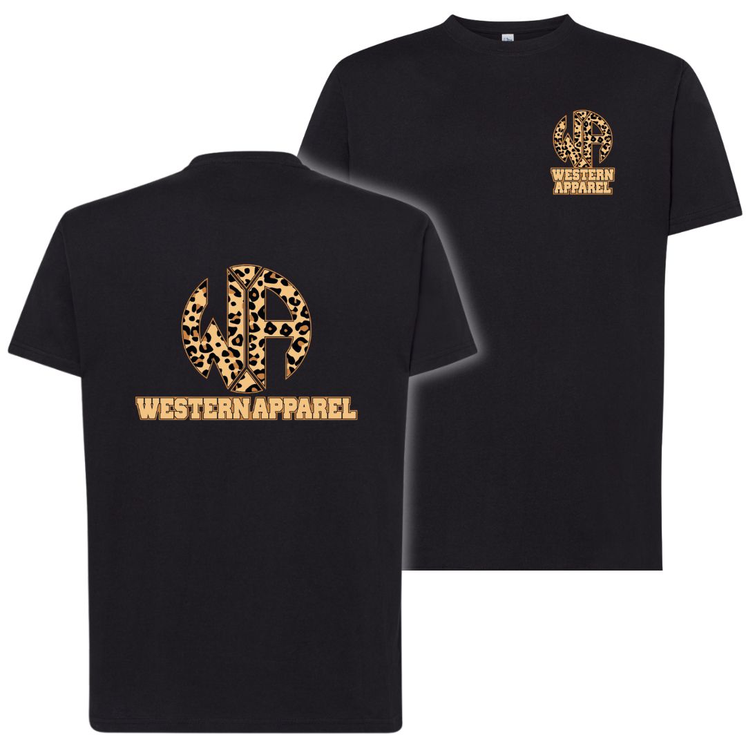 T-Shirt enfant noir Western Apparel avec logo poitrine côté cœur et grand logo léopard Western Apparel dans le dos