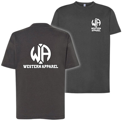 T-Shirt enfant gris anthracite Western Apparel avec logo poitrine côté cœur et grand logo blanc Western Apparel dans le dos