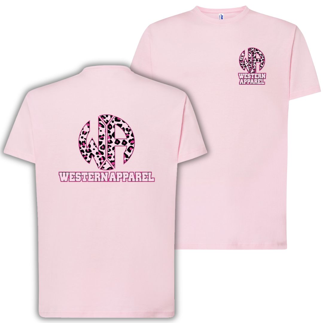 T-Shirt enfant gris anthracite Western Apparel avec logo poitrine côté cœur et grand logo leopard rose  Western Apparel dans le dos
