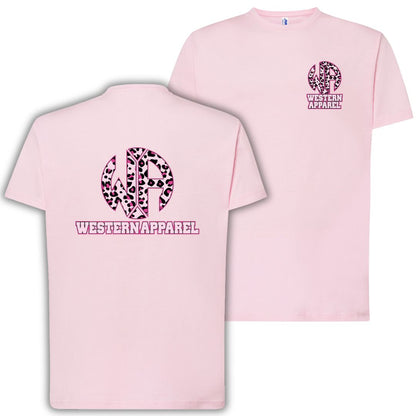 T-Shirt enfant gris anthracite Western Apparel avec logo poitrine côté cœur et grand logo leopard rose  Western Apparel dans le dos
