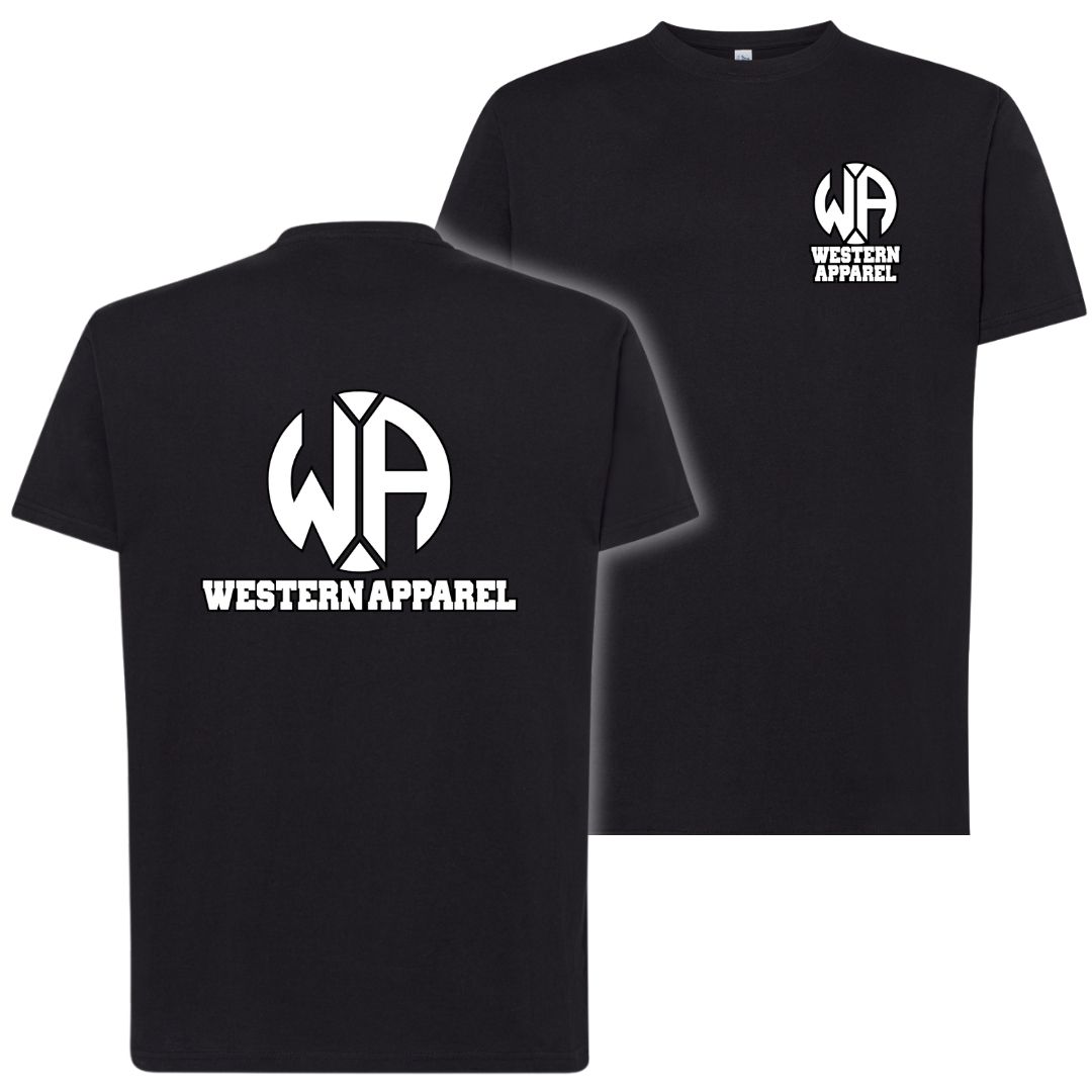 T-Shirt enfant noir Western Apparel avec logo poitrine côté cœur et grand logo blanc Western Apparel dans le dos