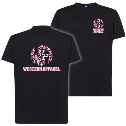 T-Shirt enfant noir Western Apparel avec logo poitrine côté cœur et grand logo leopard rose Western Apparel dans le dos