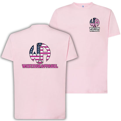 T-Shirt enfant gris anthracite Western Apparel avec logo poitrine côté cœur et grand logo USA rose Western Apparel dans le dos