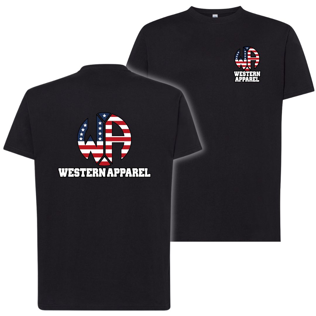 T-Shirt enfant noir Western Apparel avec logo poitrine côté cœur et grand logo USA  Western Apparel dans le dos