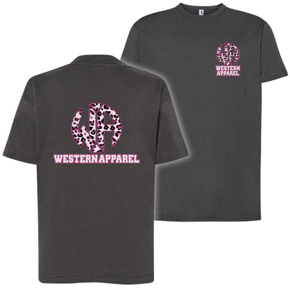T-Shirt enfant gris anthracite Western Apparel avec logo poitrine côté cœur et grand logo leopard rose Western Apparel dans le dos