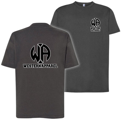 T-Shirt enfant gris anthracite Western Apparel avec logo poitrine côté cœur et grand logo noir et blanc Western Apparel dans le dos
