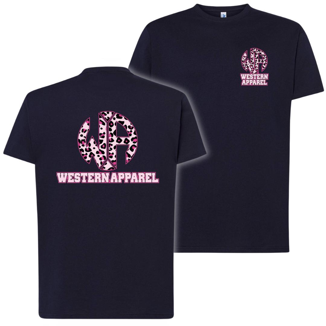 T-shirt bleu navy Western Apparel avec logo poitrine léopard rose