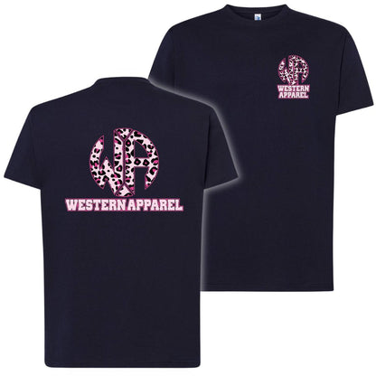 T-shirt bleu navy Western Apparel avec logo poitrine léopard rose