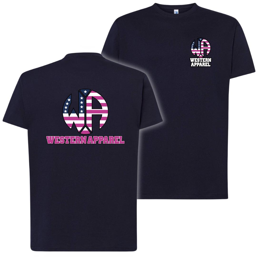 T-shirt bleu navy Western Apparel avec logo poitrine USA rose