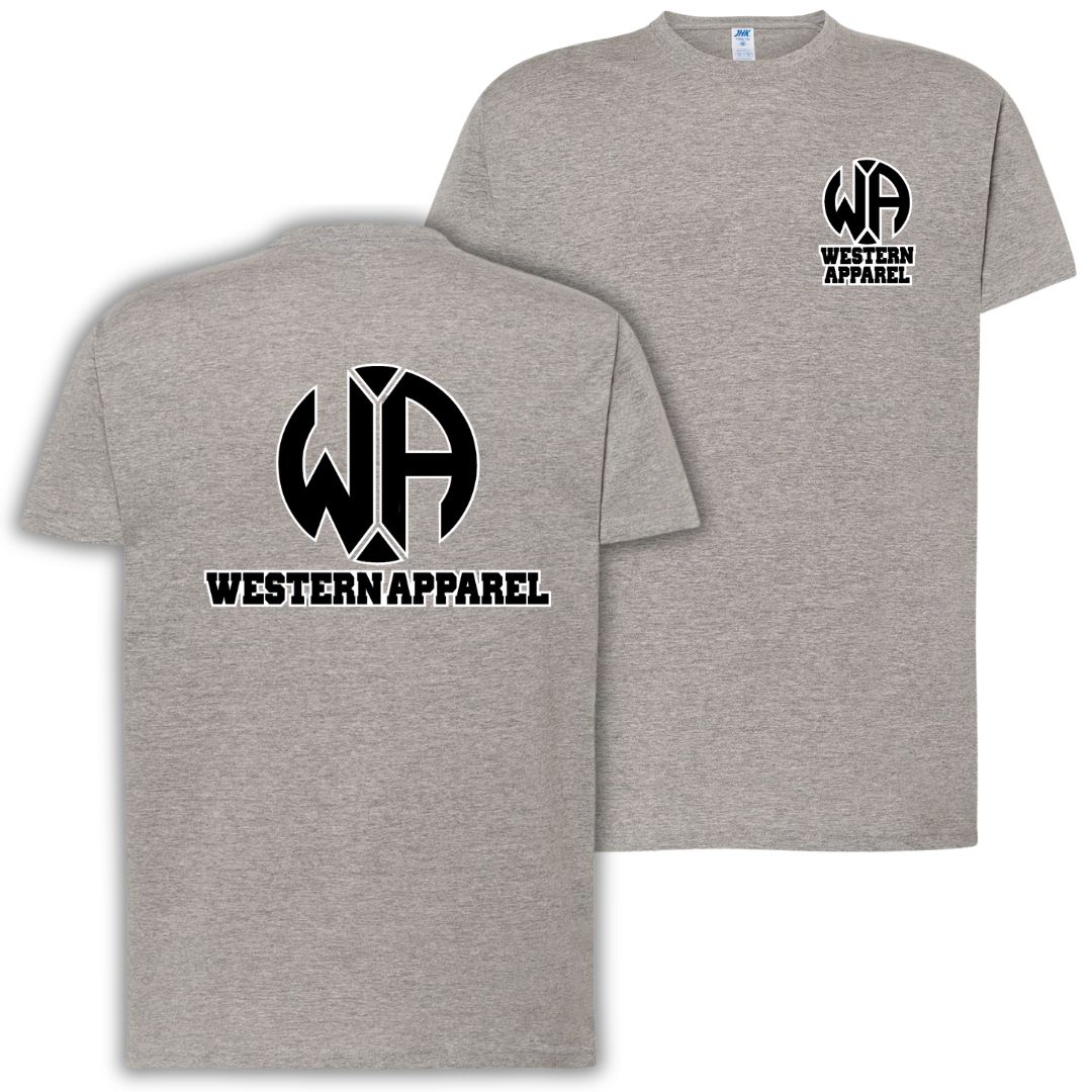 T-shirt gris chiné Western Apparel avec logo noir et blanc poitrine côté cœur et grand logo Western Apparel dans le dos
