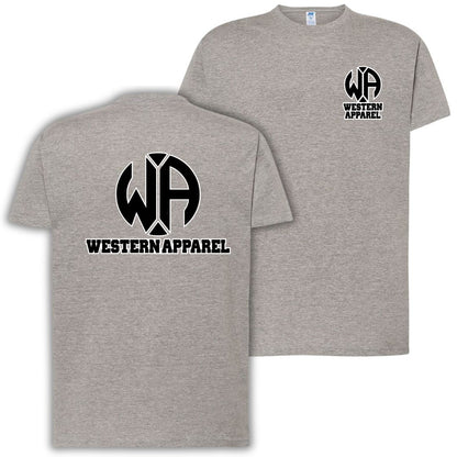 T-shirt gris chiné Western Apparel avec logo noir et blanc poitrine côté cœur et grand logo Western Apparel dans le dos