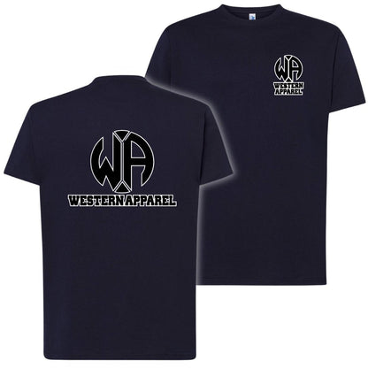 T-shirt bleu navy Western Apparel avec logo poitrine noir et blanc 