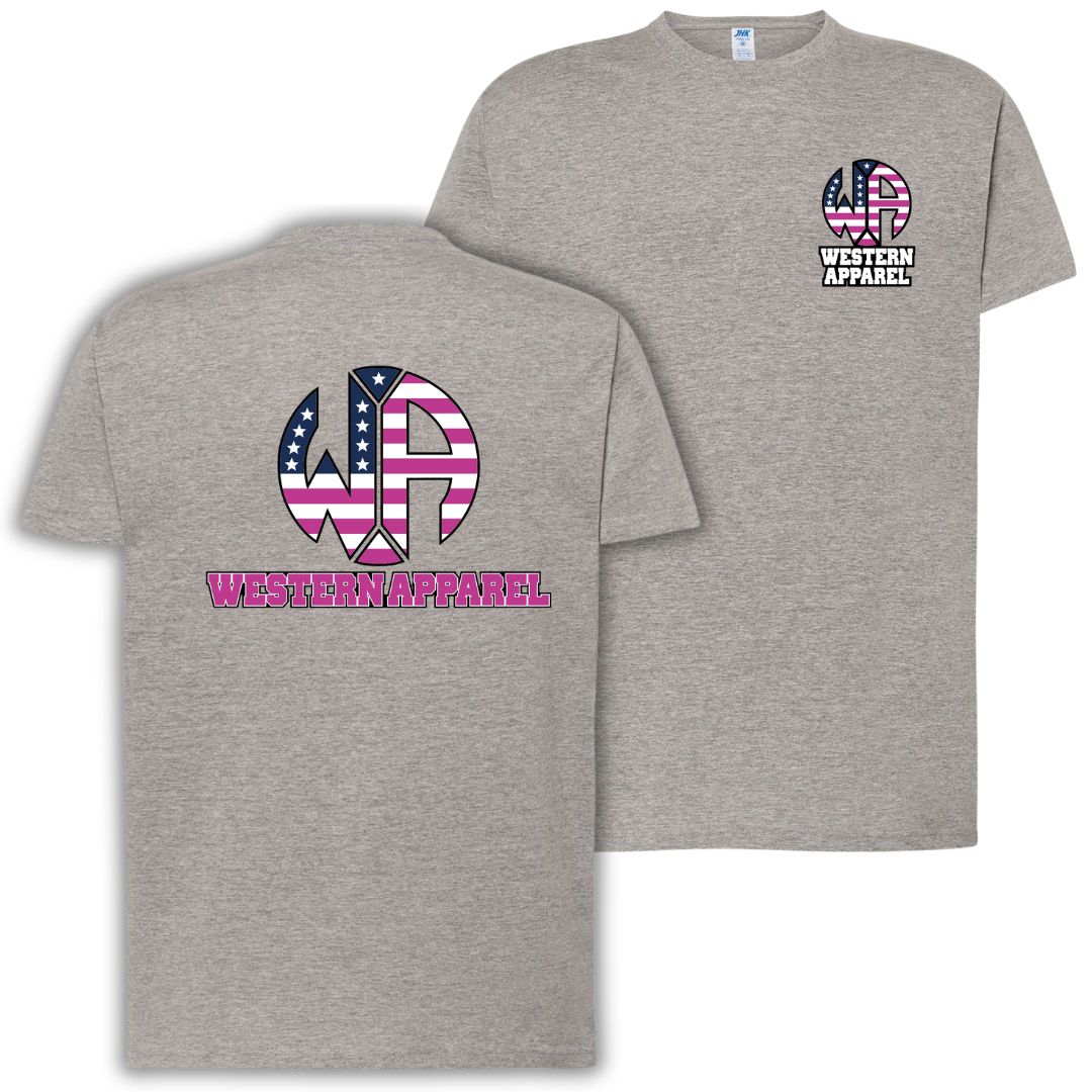 T-shirt gris chiné Western Apparel avec logo USA rose poitrine côté cœur et grand logo Western Apparel dans le dos