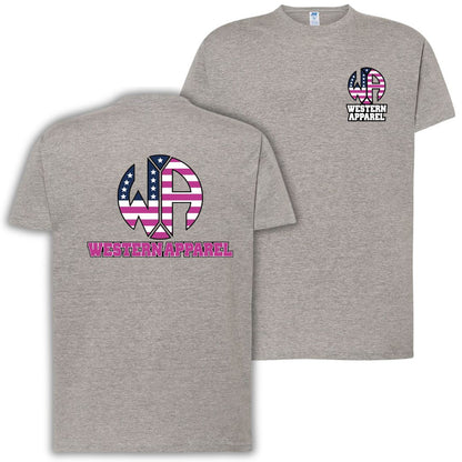 T-shirt gris chiné Western Apparel avec logo USA rose poitrine côté cœur et grand logo Western Apparel dans le dos