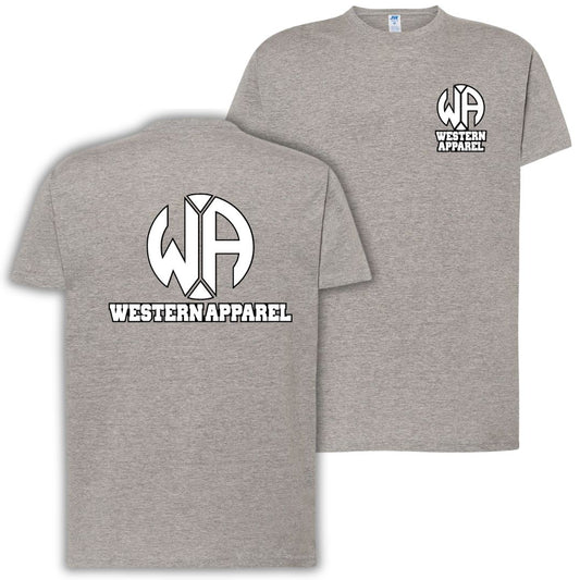 T-shirt gris chiné Western Apparel avec logo blanc poitrine côté cœur et grand logo Western Apparel dans le dos