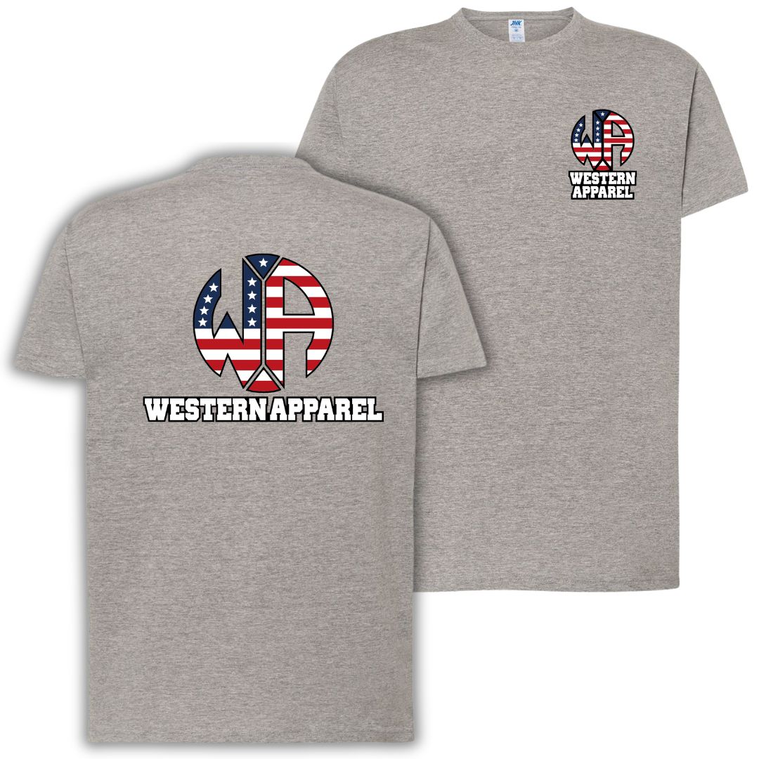T-shirt gris chiné Western Apparel avec logo USA poitrine côté cœur et grand logo Western Apparel dans le dos