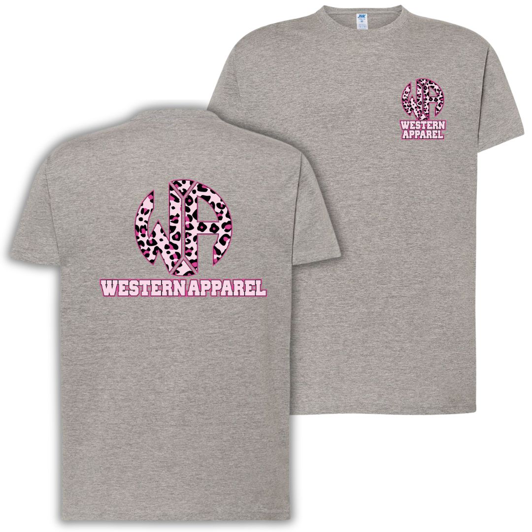 T-shirt gris chiné Western Apparel avec logo léopard rose poitrine côté cœur et grand logo Western Apparel dans le dos