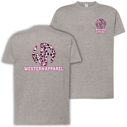 T-shirt gris chiné Western Apparel avec logo léopard rose poitrine côté cœur et grand logo Western Apparel dans le dos