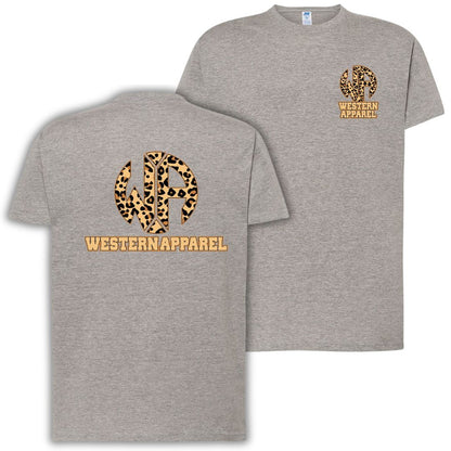 T-shirt gris chiné Western Apparel avec logo léopard poitrine côté cœur et grand logo Western Apparel dans le dos