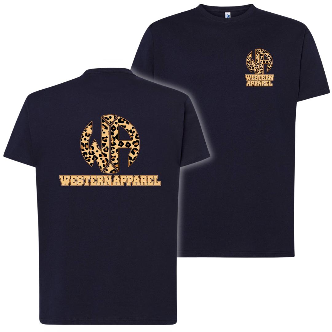 T-shirt bleu navy Western Apparel avec logo poitrine léopard 