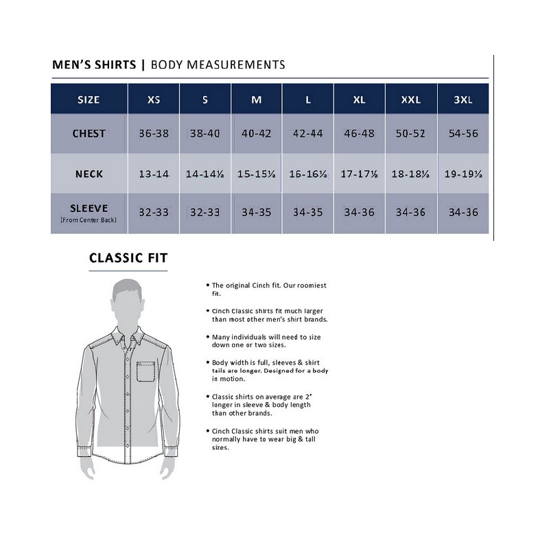 Tableau des tailles pour les chemises cinch homme classic fit en coton 