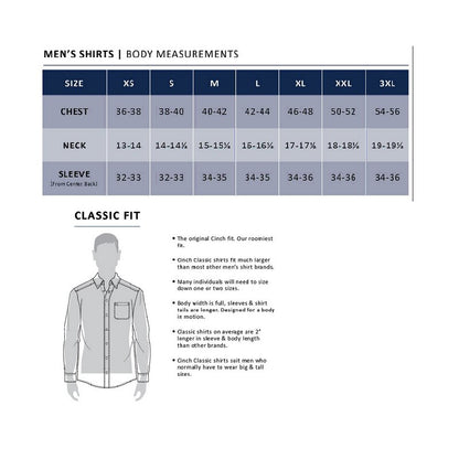 Tableau des tailles pour les chemises cinch homme classic fit en coton 