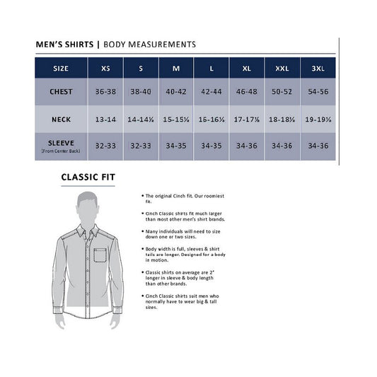 Tableau des tailles pour les chemises cinch homme classic fit en coton 