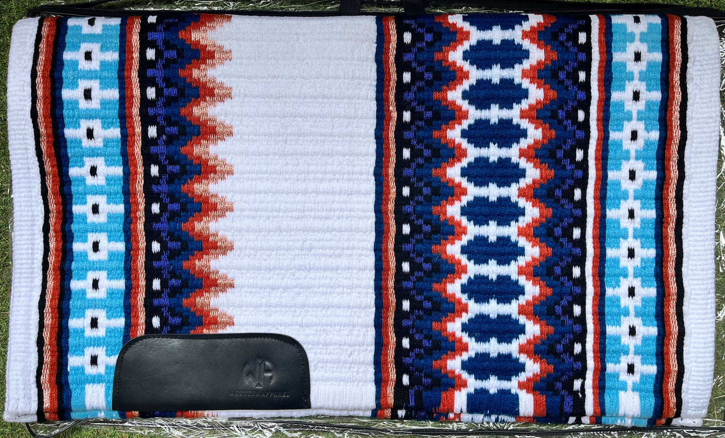 Tapis de show western premium en laine mérinos bleu marine, cuivre, crème et turquoise pour selle western