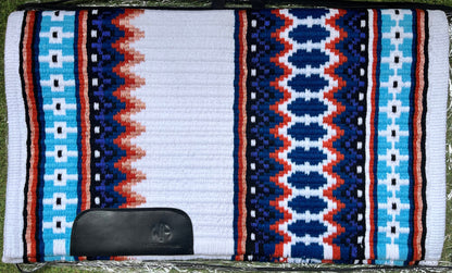 Tapis de show western premium en laine mérinos bleu marine, cuivre, crème et turquoise pour selle western