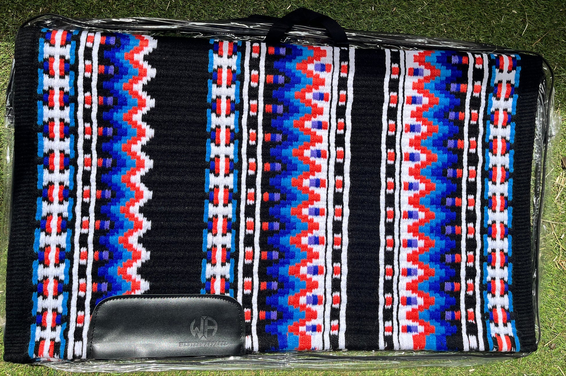 Tapis de show western premium en laine mérinos bleu, orange, noir et blanc pour selle western