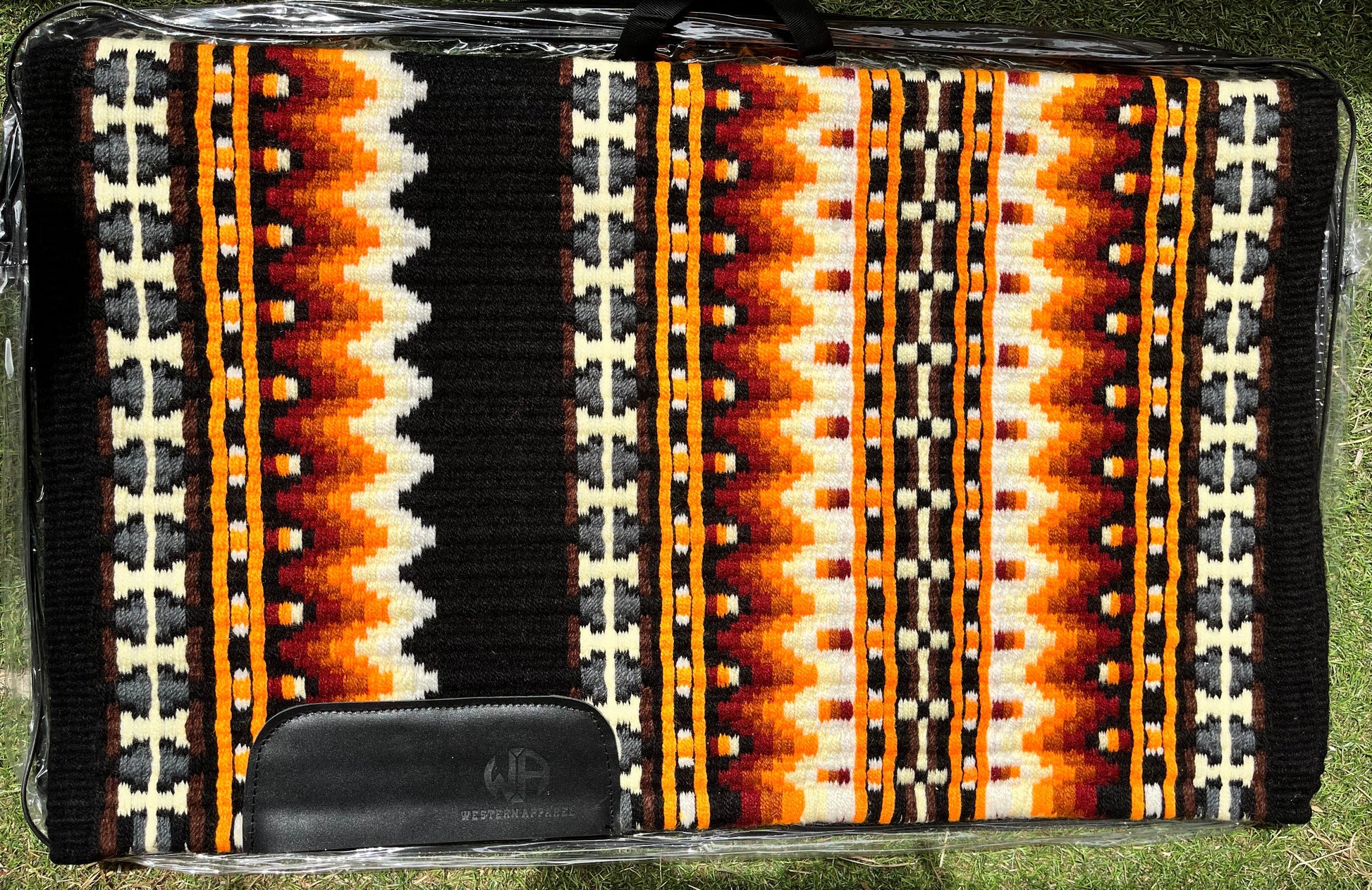 Tapis de show western premium en laine mérinos jaune, orange, noir et gris pour selle western